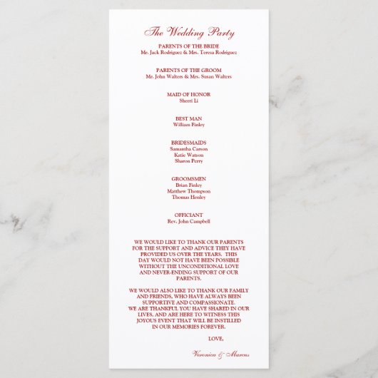 Rood & Wit Bloemen Decal Trouwprogramma Programmakaart (Achterkant)