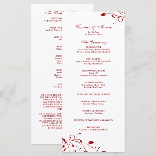 Rood & Wit Bloemen Decal Trouwprogramma Programmakaart (Voorkant / Achterkant)
