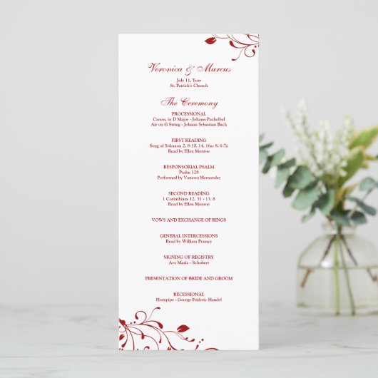 Rood & Wit Bloemen Decal Trouwprogramma Programmakaart (Staand voorkant)