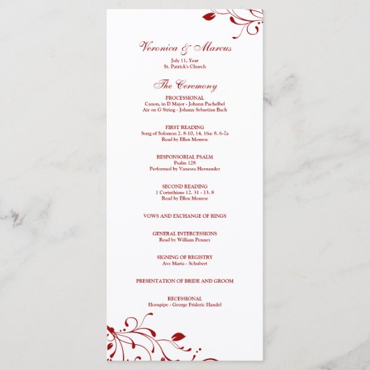Rood & Wit Bloemen Decal Trouwprogramma Programmakaart (Voorkant)