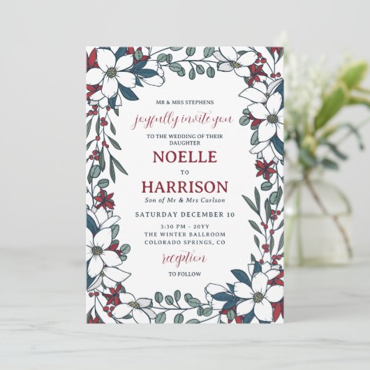  Rood Wit Bloemen Formele Kerstbruiloft Kaart (Staand voorkant)