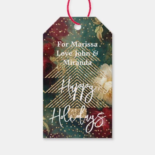 Rood Wit Bloemen Goud Glitter Tree Cadeaulabel (Voorkant)