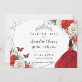 Rood Wit Bloemen Jurk Zilver Quinceanera Sweet 16 Save The Date (Voorkant)