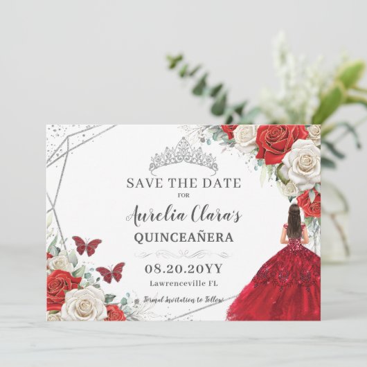 Rood Wit Bloemen Jurk Zilver Quinceanera Sweet 16 Save The Date (Staand voorkant)