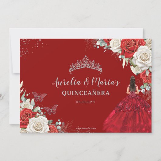 Rood Wit Bloemen Jurk Zilver Quinceanera Sweet 16 Save The Date (Achterkant)