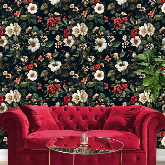 Rood & Wit Bloemen op Zwart voor Slaapkamer Patroo Behang (Red & White Flowerrs on Black for Bedroom Wallpaper)