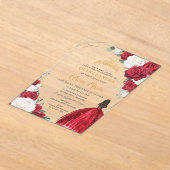 Rood Wit Bloemen Prinses Jurk Goud Quinceañera Acryl Uitnodigingen (Laagn)