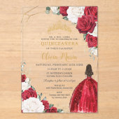 Rood Wit Bloemen Prinses Jurk Goud Quinceañera Acryl Uitnodigingen (Voorkant)