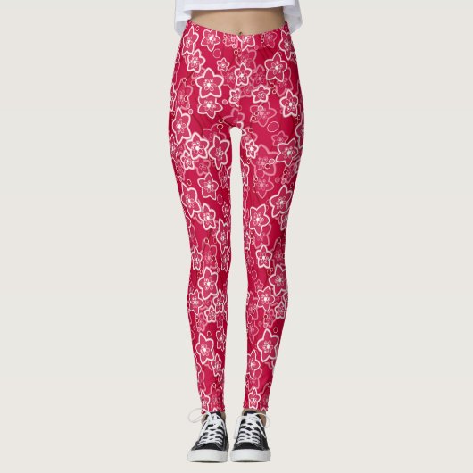 Rood Wit Bloemen Rustiek mode Patroon Retro Leggings (Voorkant)