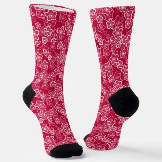 Rood Wit Bloemen Rustiek mode Patroon Retro Sokken (Gebogen)