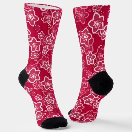 Rood Wit Bloemen Rustiek mode Patroon Retro Sokken (Gebogen)