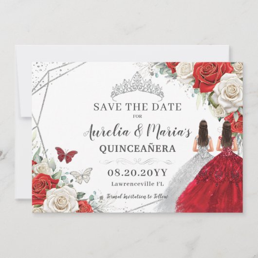 Rood Wit Bloemen Twins Zilver Quinceanera Sweet 16 Save The Date (Voorkant)
