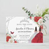 Rood Wit Bloemen Twins Zilver Quinceanera Sweet 16 Save The Date (Staand voorkant)