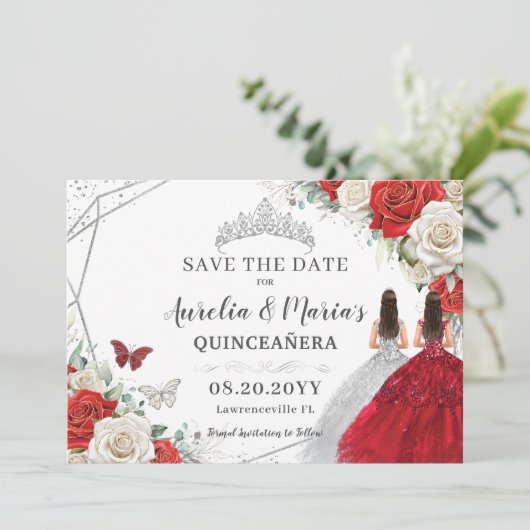 Rood Wit Bloemen Twins Zilver Quinceanera Sweet 16 Save The Date (Staand voorkant)