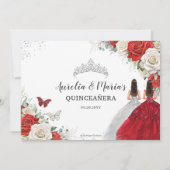 Rood Wit Bloemen Twins Zilver Quinceanera Sweet 16 Save The Date (Achterkant)