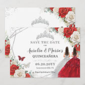 Rood Wit Bloemen Twins Zilver Quinceanera Sweet 16 Save The Date (Voorkant / Achterkant)