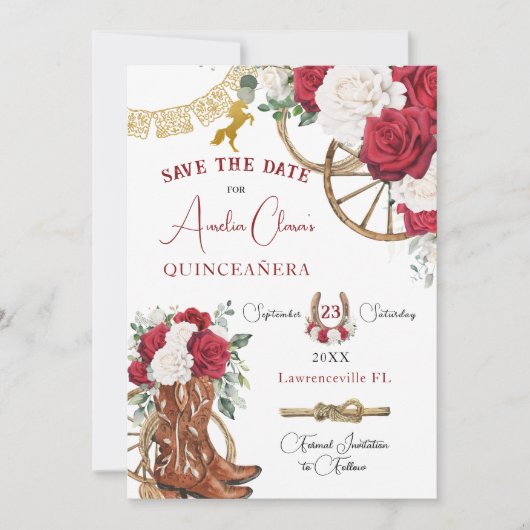 Rood Wit Bloemen Wild West Charro Quinceañera XV Save The Date (Voorkant)