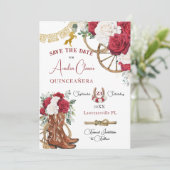 Rood Wit Bloemen Wild West Charro Quinceañera XV Save The Date (Staand voorkant)