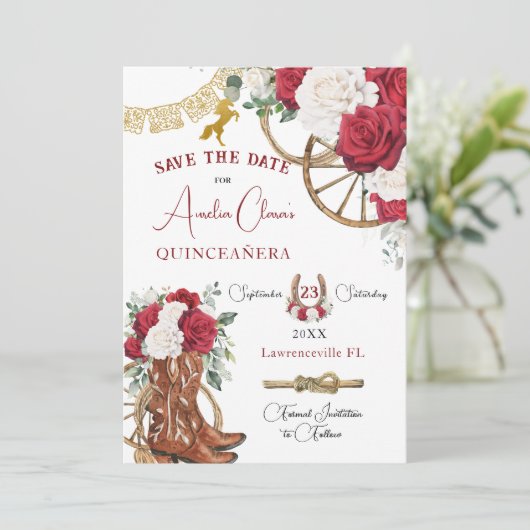 Rood Wit Bloemen Wild West Charro Quinceañera XV Save The Date (Staand voorkant)
