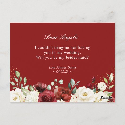 Rood wit bloemen zijn mijn bruidsmeisje voorstel K Briefkaart (Achterkant)