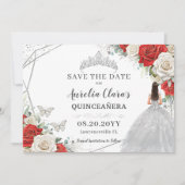 Rood Wit Bloemen Zilveren Jurk Quinceanera Sweet 1 Save The Date (Voorkant)
