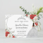 Rood Wit Bloemen Zilveren Jurk Quinceanera Sweet 1 Save The Date (Staand voorkant)