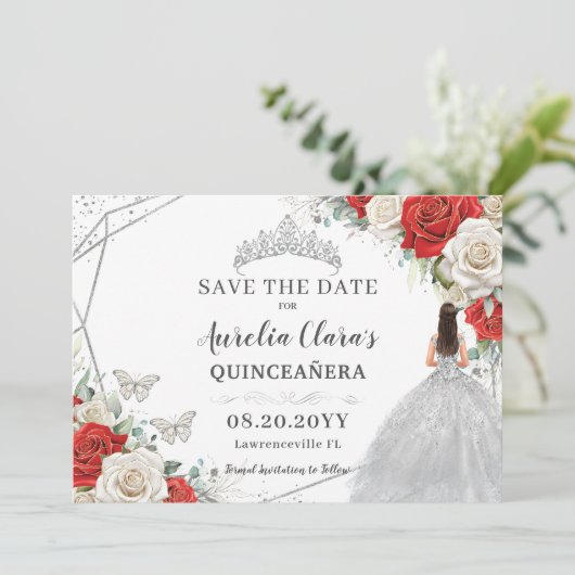 Rood Wit Bloemen Zilveren Jurk Quinceanera Sweet 1 Save The Date (Staand voorkant)