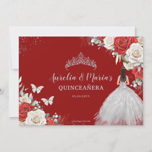 Rood Wit Bloemen Zilveren Jurk Quinceanera Sweet 1 Save The Date (Achterkant)
