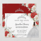 Rood Wit Bloemen Zilveren Jurk Quinceanera Sweet 1 Save The Date (Voorkant / Achterkant)