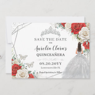 Rood Wit Bloemen Zilveren Jurk Quinceanera Sweet 1 Save The Date