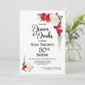 Rood wit bloemendiner en Drinken 30e verjaardag Kaart (Staand voorkant)