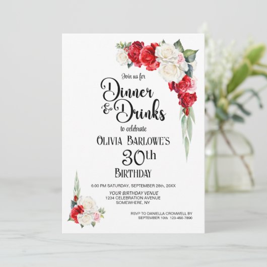 Rood wit bloemendiner en Drinken 30e verjaardag Kaart (Staand voorkant)