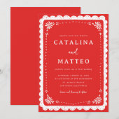 Rood & Wit Boho Mexicaans Papel Picado Huwelijk Kaart (Voorkant / Achterkant)