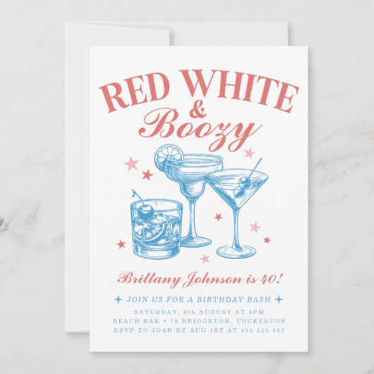 Rood Wit Boozy 4 juli Verjaardag Kaart (Voorkant)