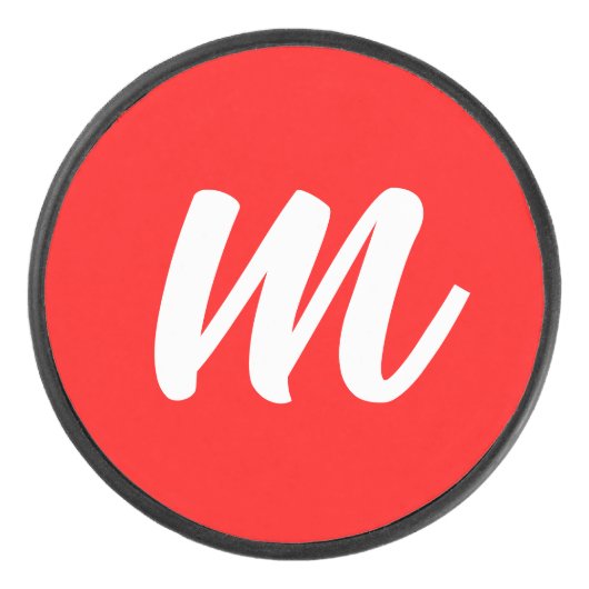 Rood Wit Calligrafie Monogram Initiaal Letter Hockey Puck (Voorkant)