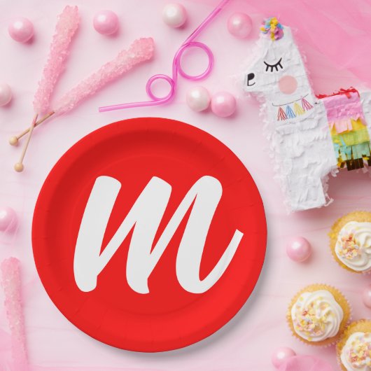 Rood Wit Calligrafie Monogram Initiaal Letter Papieren Bordje (Feest)