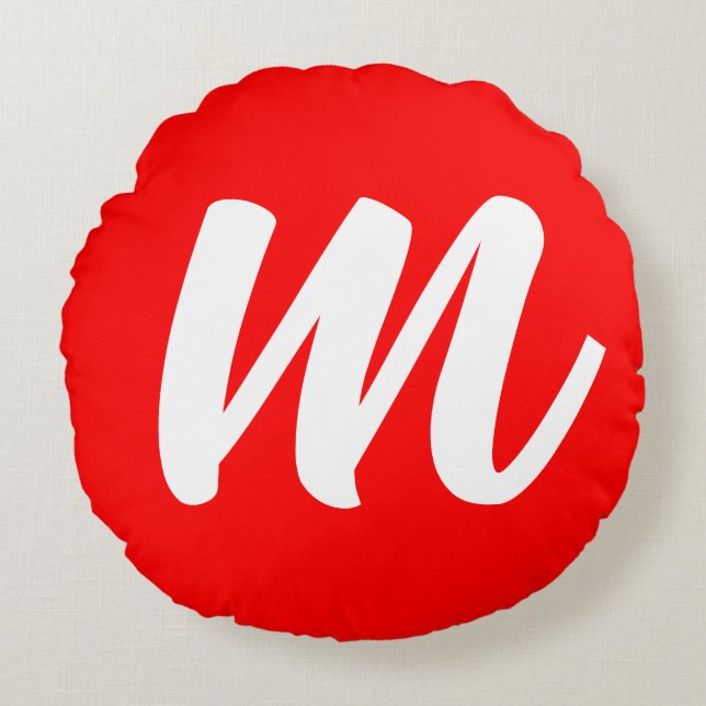 Rood Wit Calligrafie Monogram Initiaal Letter Rond Kussen (Voorkant)