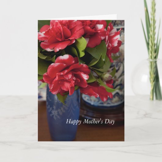Rood & Wit Camelias Blauwe vaas Moederdag kaart (Voorkant)