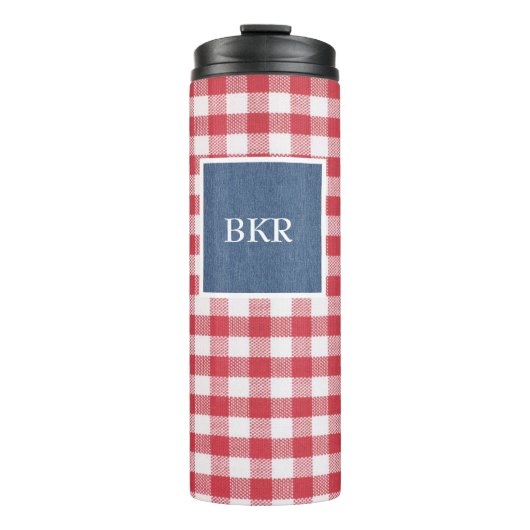 Rood & wit Check Blue Denim Name Lijst 12oz Thermosbeker (Voorkant)