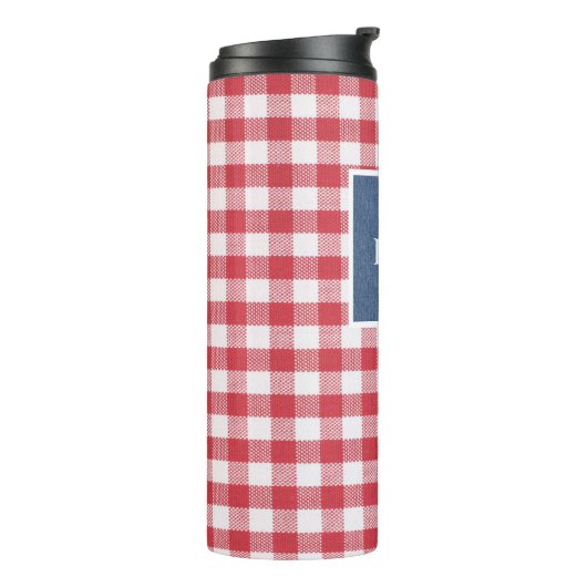 Rood & wit Check Blue Denim Name Lijst 12oz Thermosbeker (Gedraaid links)