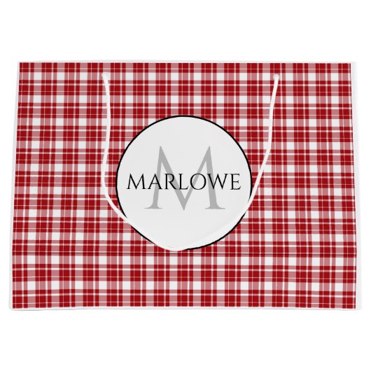 Rood wit cheques geplakt monogram groot cadeauzakje (Voorkant)