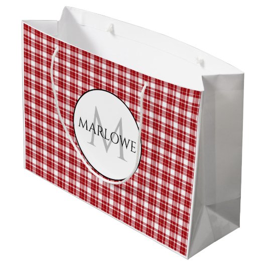 Rood wit cheques geplakt monogram groot cadeauzakje (Achterkant Gekanteld)