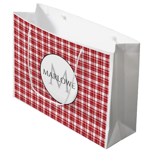 Rood wit cheques geplakt monogram groot cadeauzakje (Voorkant Gekanteld)