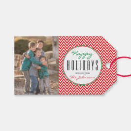 Rood & Wit Chevron Gepersonaliseerde Kerstmisfoto Cadeaulabel