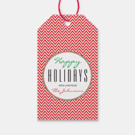 Rood & Wit Chevron Gepersonaliseerde Kerstmisfoto Cadeaulabel