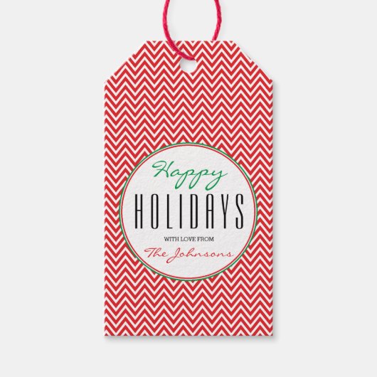 Rood & Wit Chevron Gepersonaliseerde Kerstmisfoto Cadeaulabel (Voorkant)