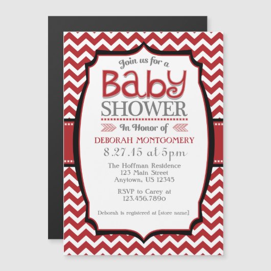 Rood Wit Chevron Magnetisch Baby shower Invite Magnetische Uitnodiging (Voorkant / Achterkant)