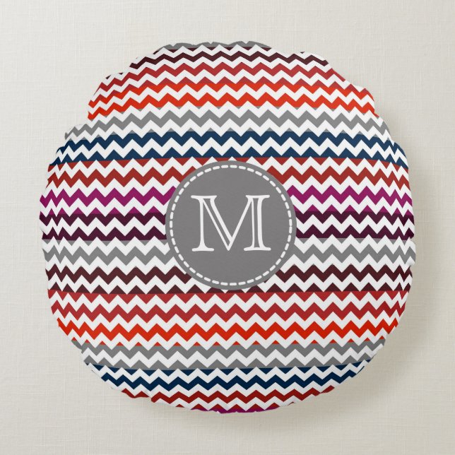 Rood wit Chevron Zigzag Monogram Rond Kussen (Voorkant)