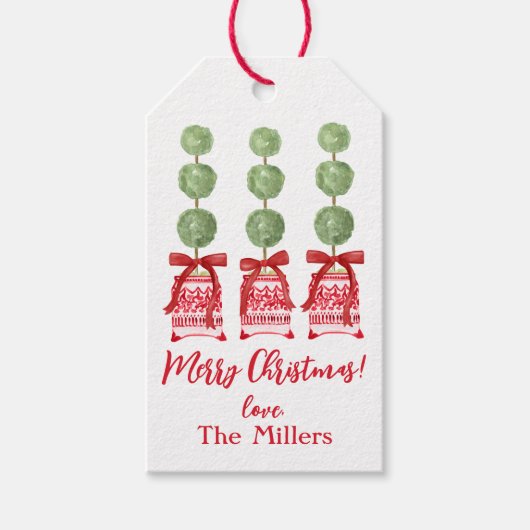 Rood & Wit Chinoiserie Topiary Kerstmis Cadeaulabel (Voorkant)