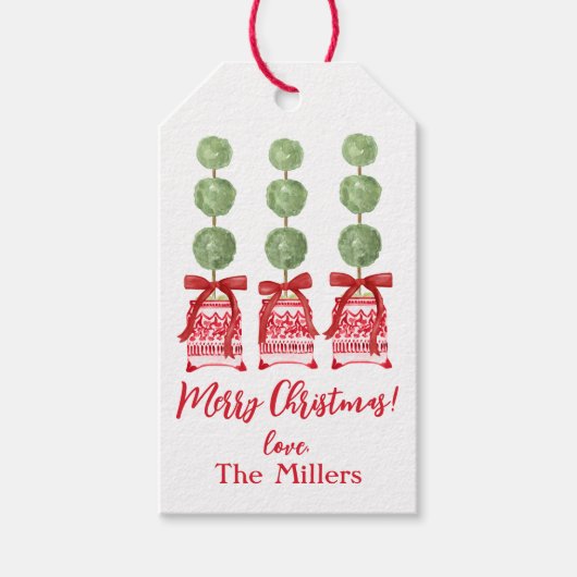 Rood & Wit Chinoiserie Topiary Kerstmis Cadeaulabel (Voorkant)